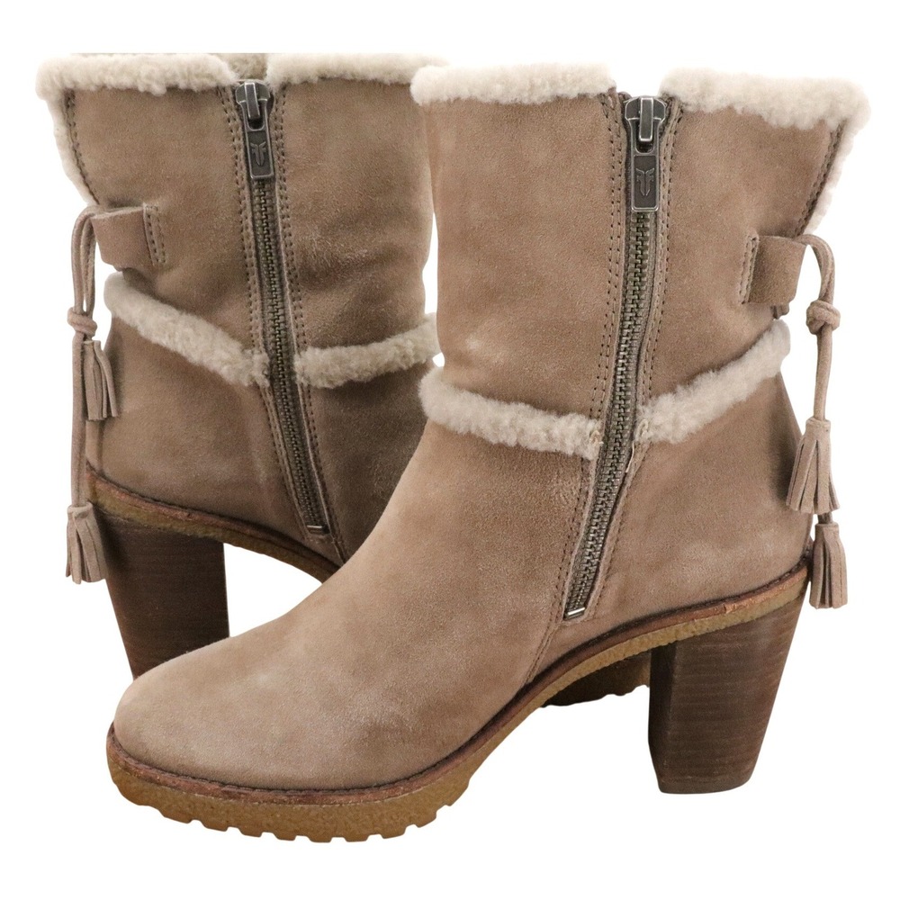 FRYE Jen Shearling Suede Ankle Boots Taupe Tassel Block Heel Women's 7 - Picture 6 of 11